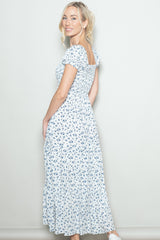 White Floral Smocked Puff Sleeve Maxi Dress
