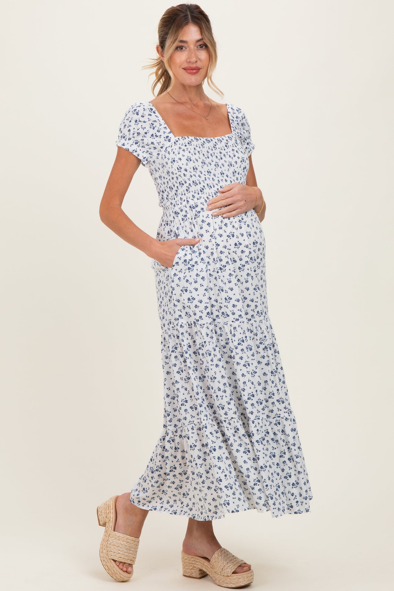 White Floral Smocked Puff Sleeve Maternity Maxi Dress