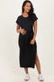 Black Waist Tie Short Sleeve Side Slit Maternity Dress