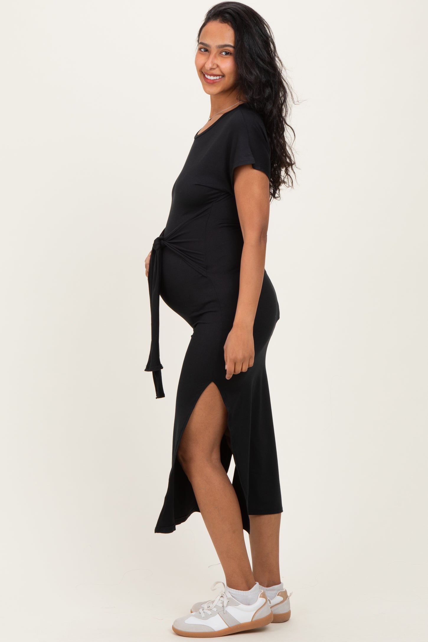 Black Waist Tie Short Sleeve Side Slit Maternity Dress