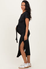 Black Waist Tie Short Sleeve Side Slit Maternity Dress