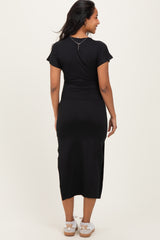 Black Waist Tie Short Sleeve Side Slit Maternity Dress