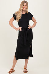 Black Waist Tie Short Sleeve Side Slit Maternity Dress