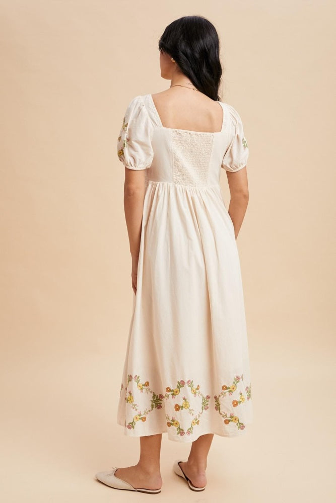 Creme Embroidered Floral Pleated Bodice Maxi Dress