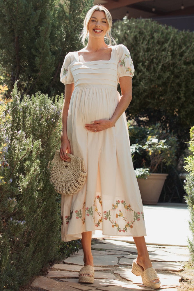 Creme Embroidered Floral Pleated Bodice Maternity Maxi Dress
