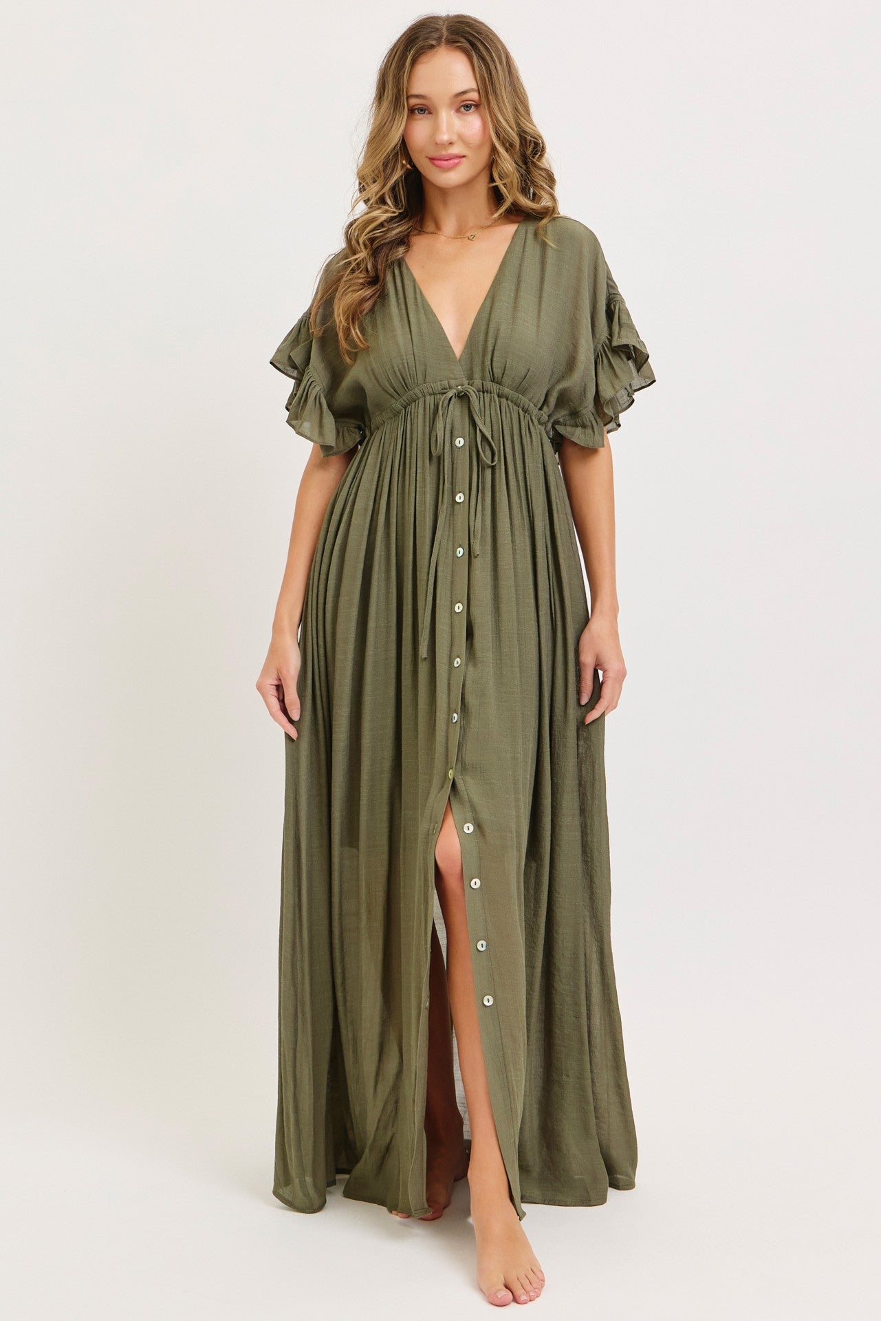 Olive Button Down Deep V-Neck Maxi Dress