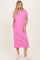 woman wearing a vibrant pink short sleeve midi dress with a pocket and side pockets