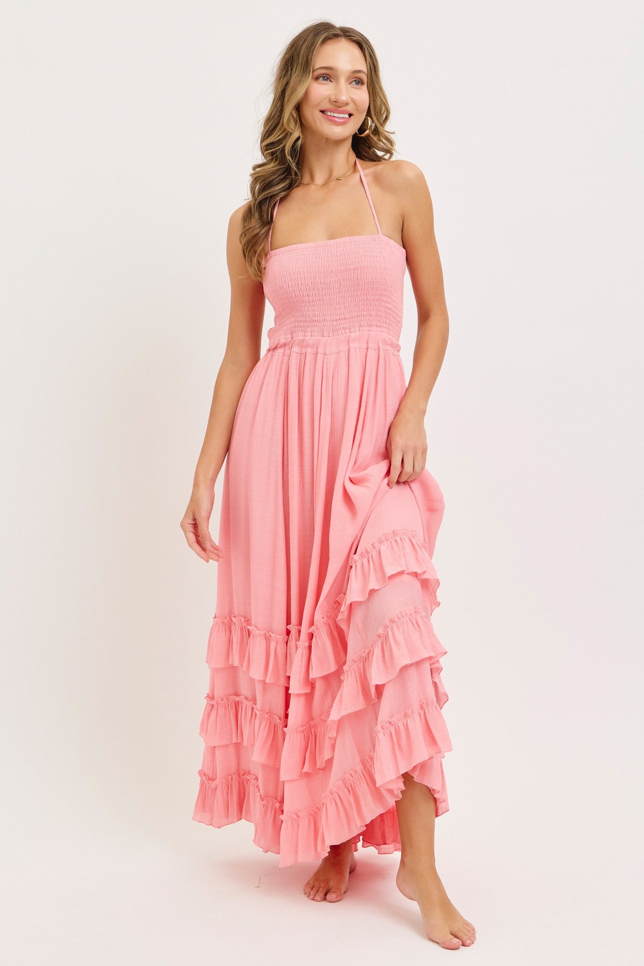Pink Halter Smocked Ruffle Tier Hem Maternity Maxi Dress