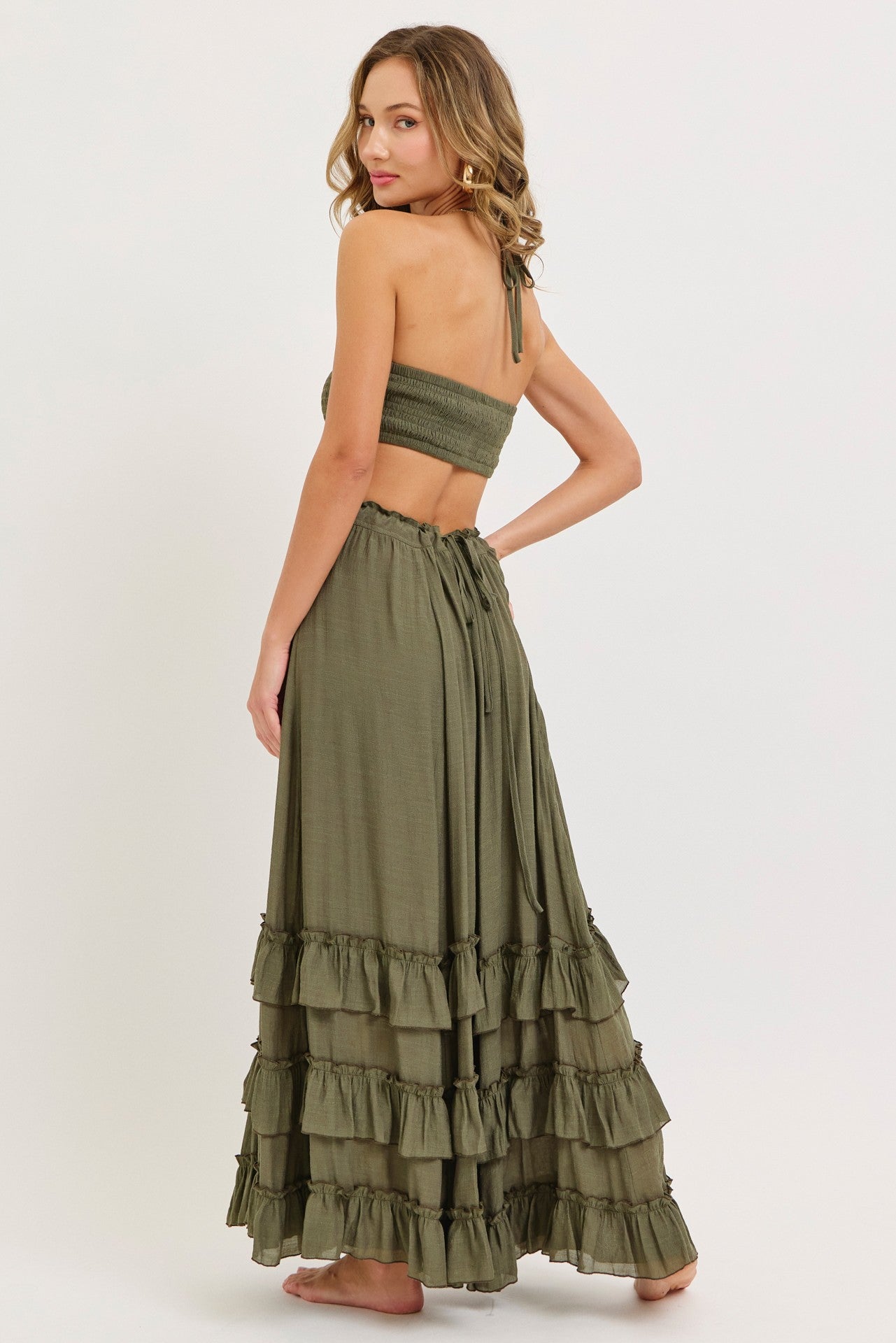 Olive Halter Smocked Ruffle Tier Hem Maxi Dress