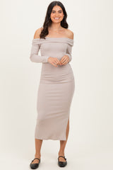 Beige Off Shoulder Ruched Side Slit Midi Dress