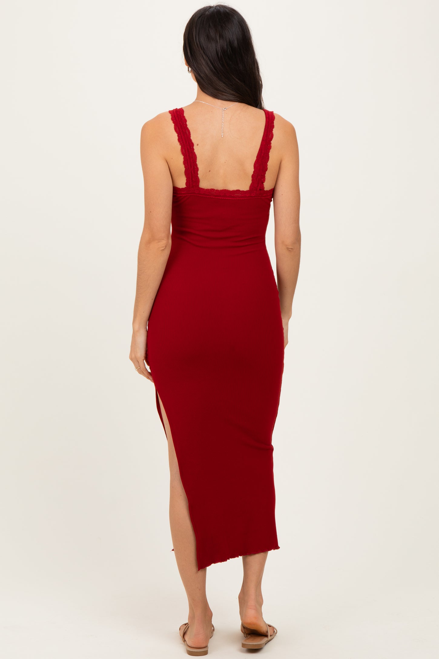 Burgundy Lace Trim Side Slit Tank Dress