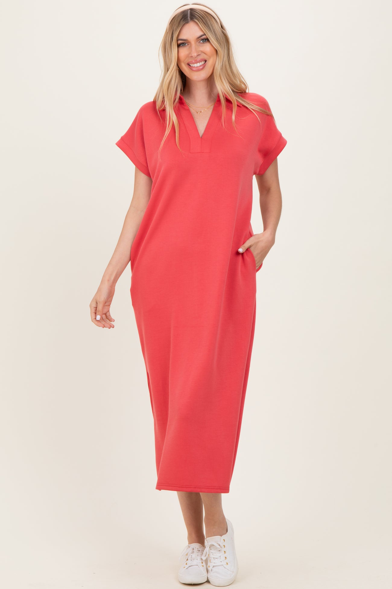 Pink Coral Collared Short Sleeve Maternity Midi Dress