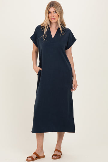Navy Collared Short Sleeve Midi Dress