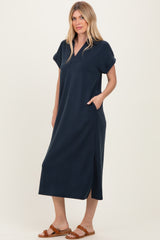 Navy Collared Short Sleeve Midi Dress