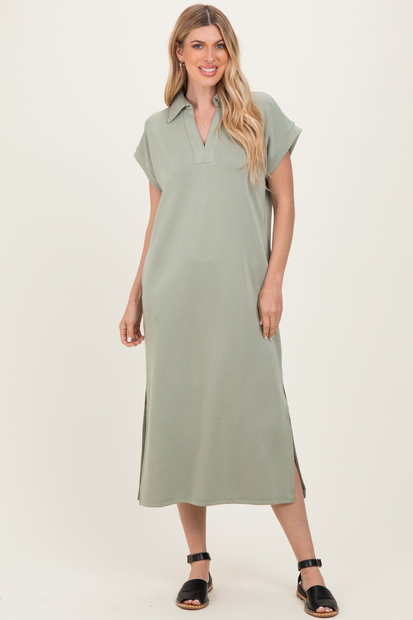 Sage Collared Short Sleeve Midi Dress
