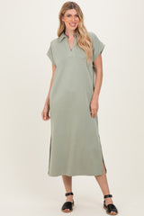 Sage Collared Short Sleeve Midi Dress