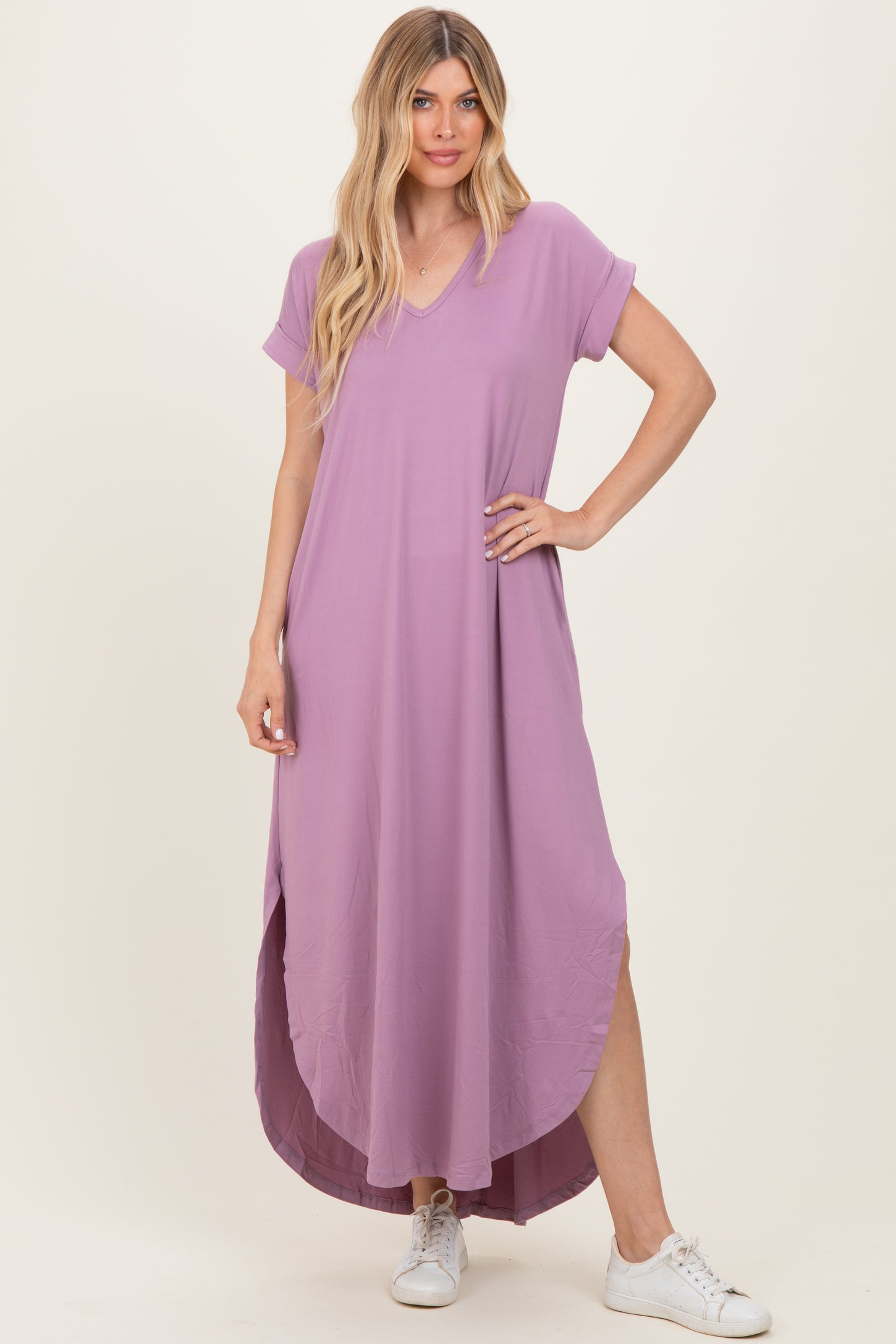 Dark Mauve Side Slit Maternity Maxi Dress