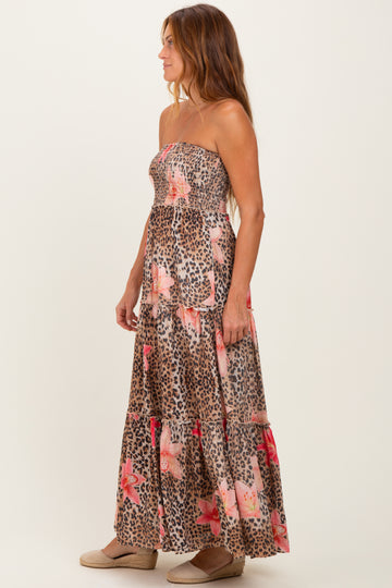 Mocha Animal Print Floral Smocked Strapless Maxi Dress