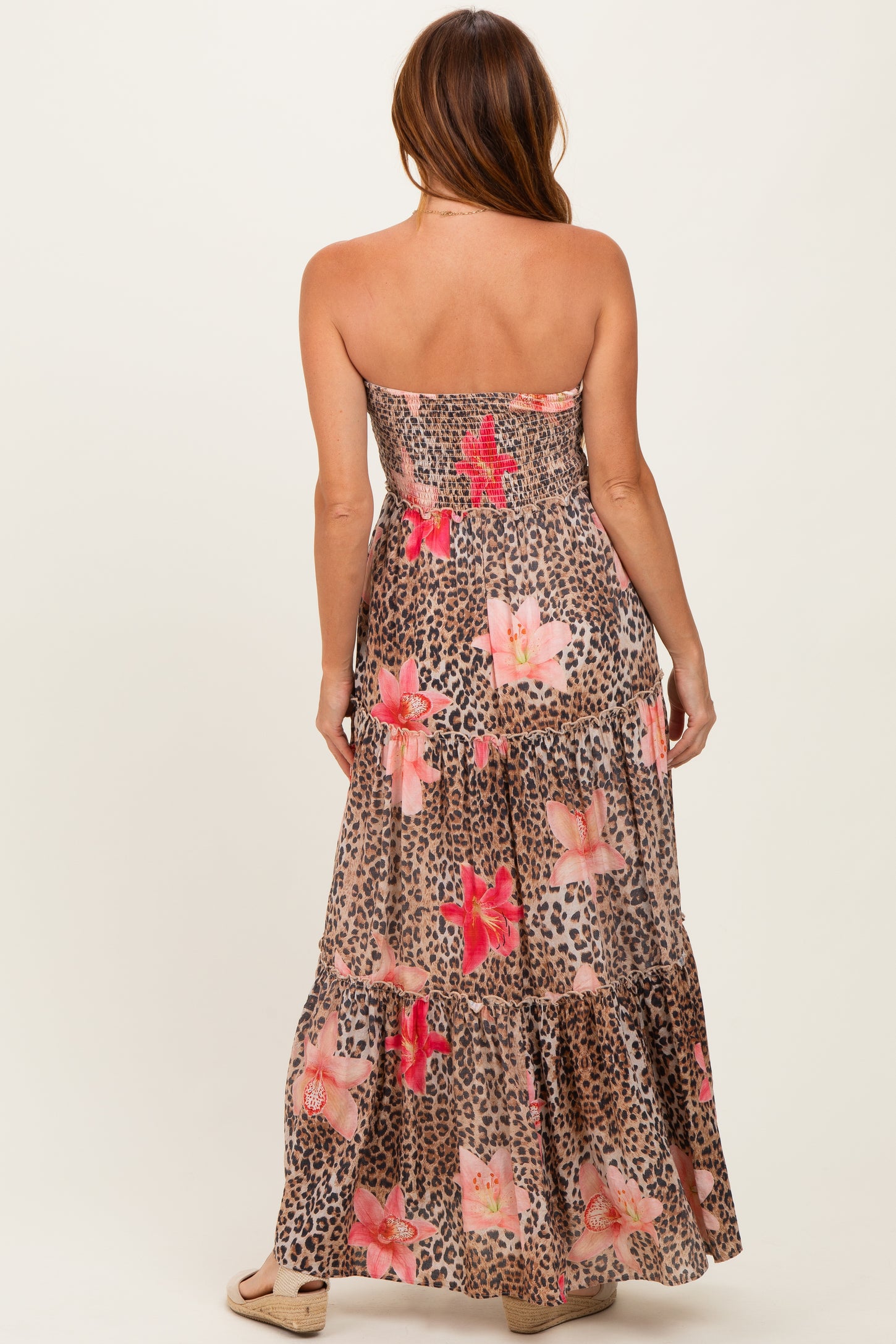 Mocha Animal Print Floral Smocked Strapless Maxi Dress