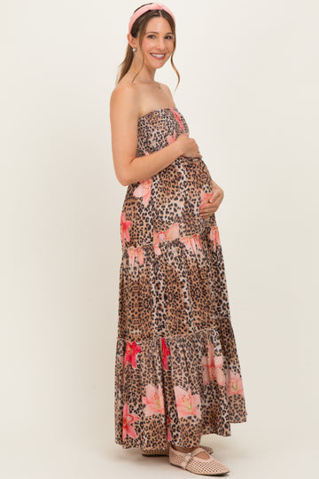 Mocha Animal Print Floral Smocked Strapless Maternity Maxi Dress