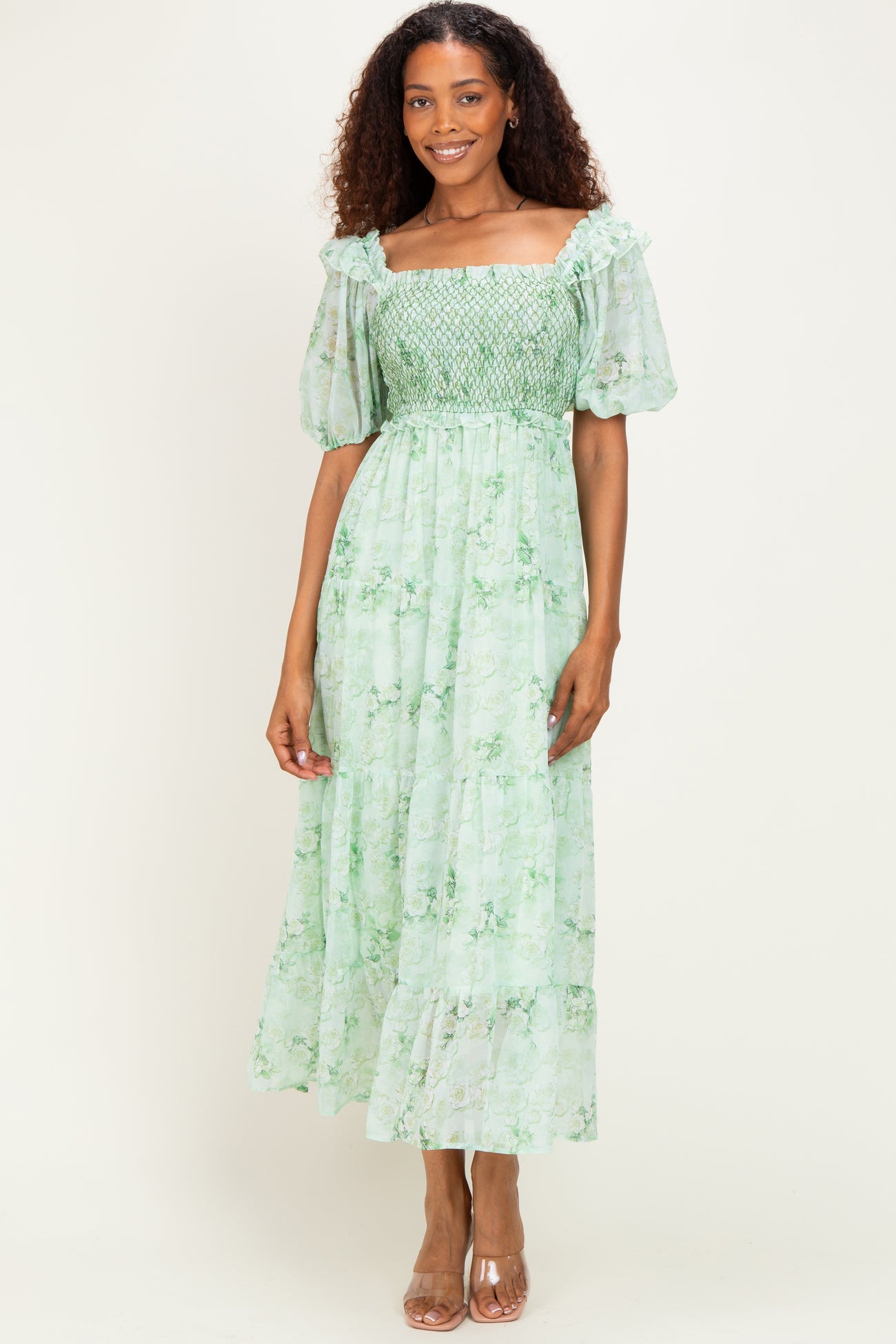 Mint Floral Chiffon Smocked Maternity Maxi Dress