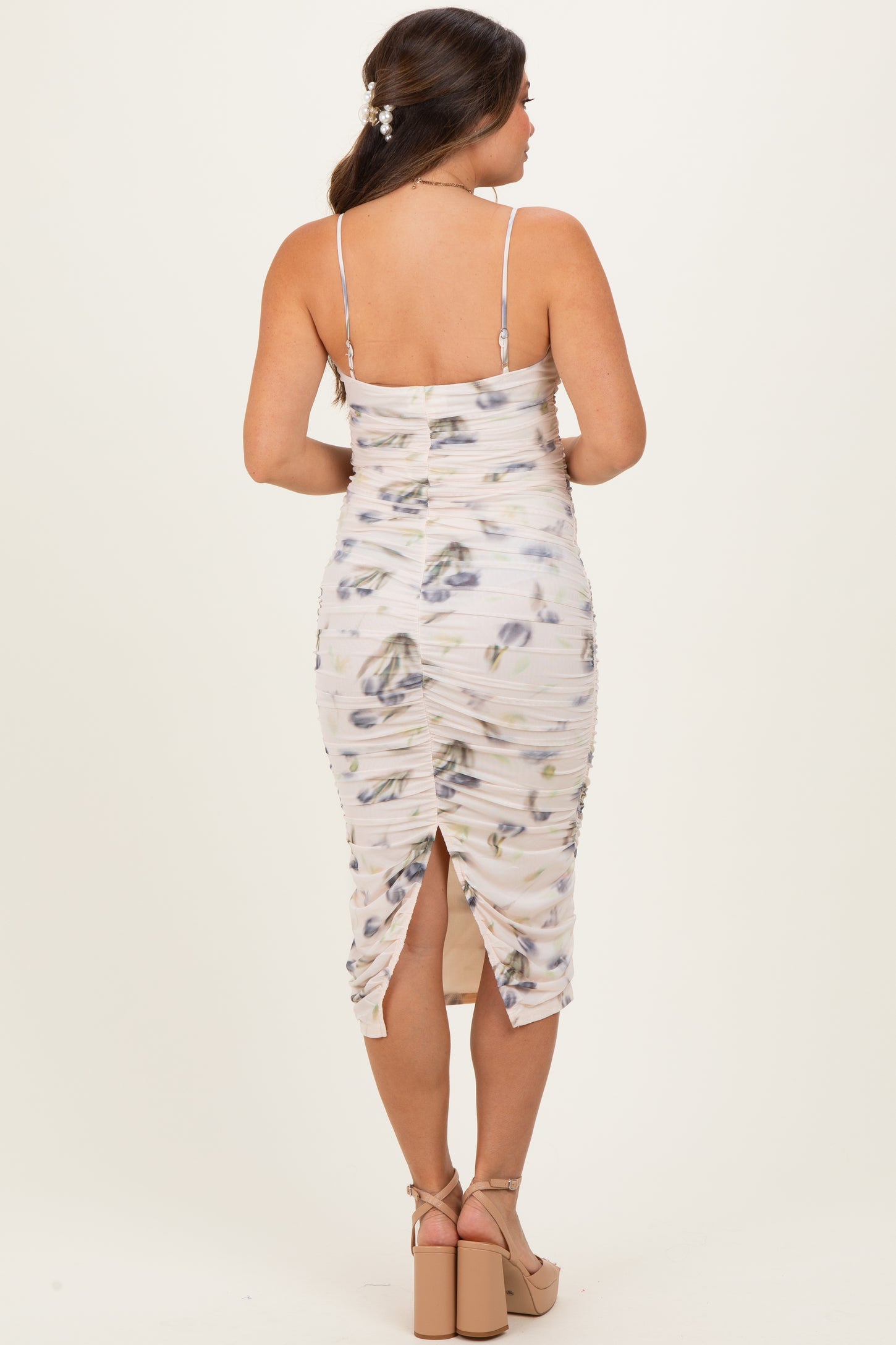 Cream Floral Mesh Ruched Maternity Midi Dress