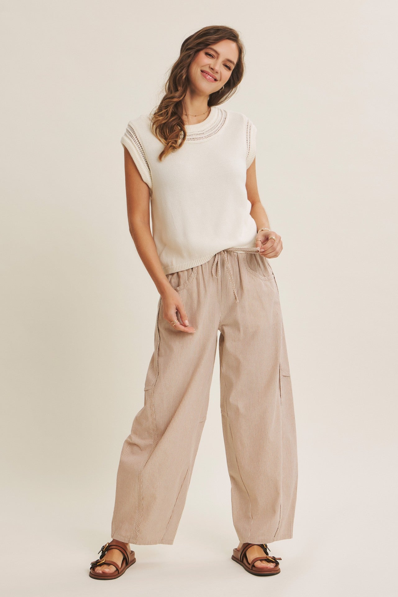 Camel Striped Cotton Barrel Leg Pants