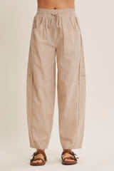 Camel Striped Cotton Barrel Leg Pants