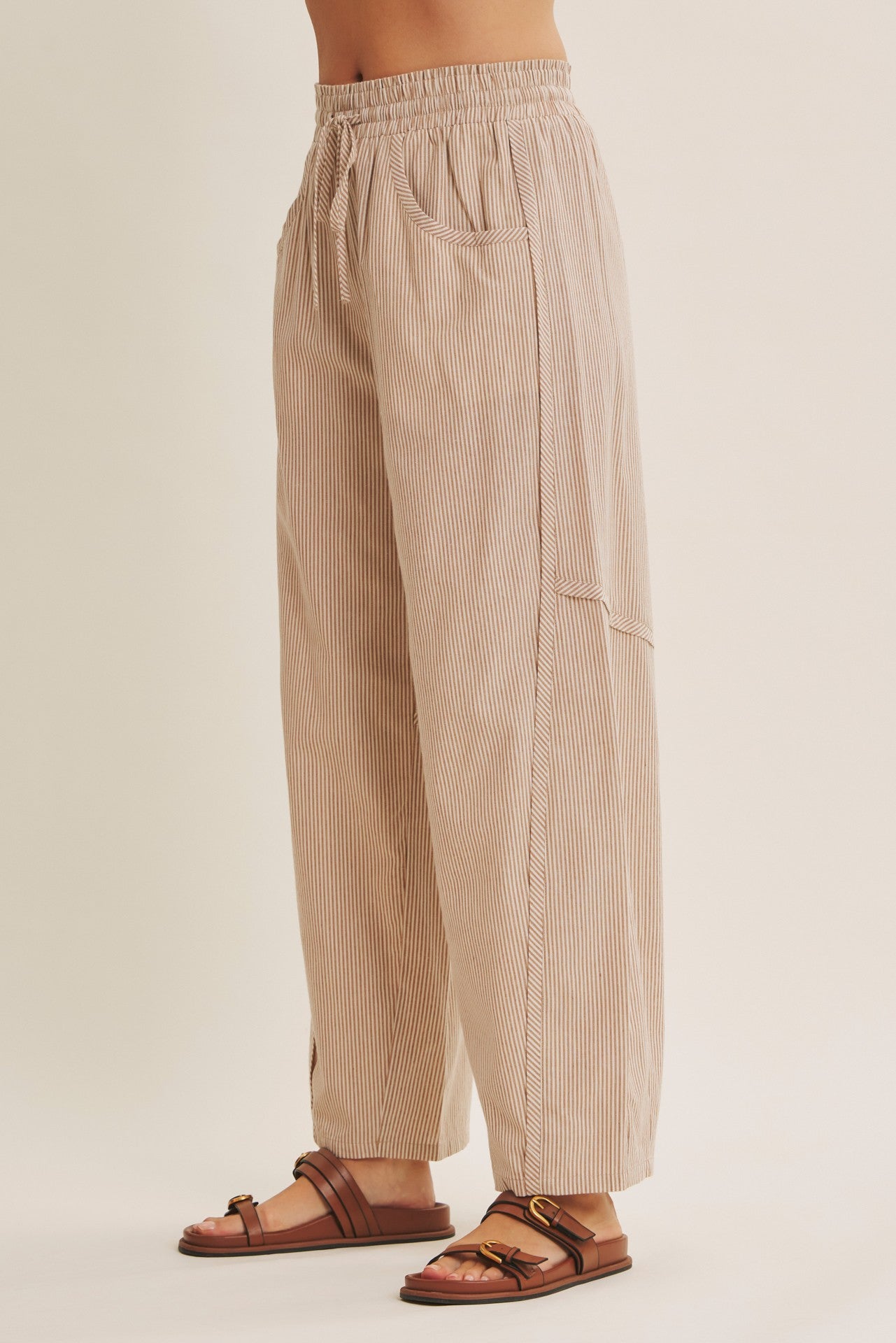 Camel Striped Cotton Barrel Leg Pants