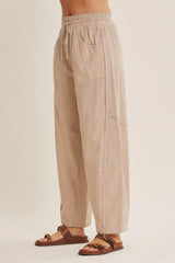 Camel Striped Cotton Barrel Leg Pants