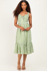 Green Gingham Front Tie Halter Maternity Midi Dress