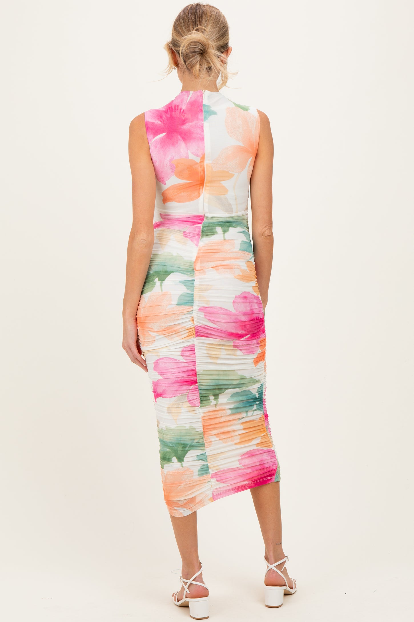 Multicolor Floral Ruched Sleeveless Maternity Midi Dress