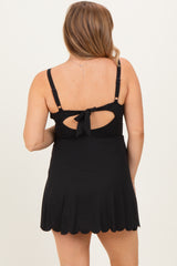Black Ribbed Scallop Hem Maternity Swim Dress