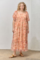 Coral Floral Puff Sleeve Maternity Plus Maxi Dress