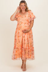 Coral Floral Puff Sleeve Maternity Plus Maxi Dress