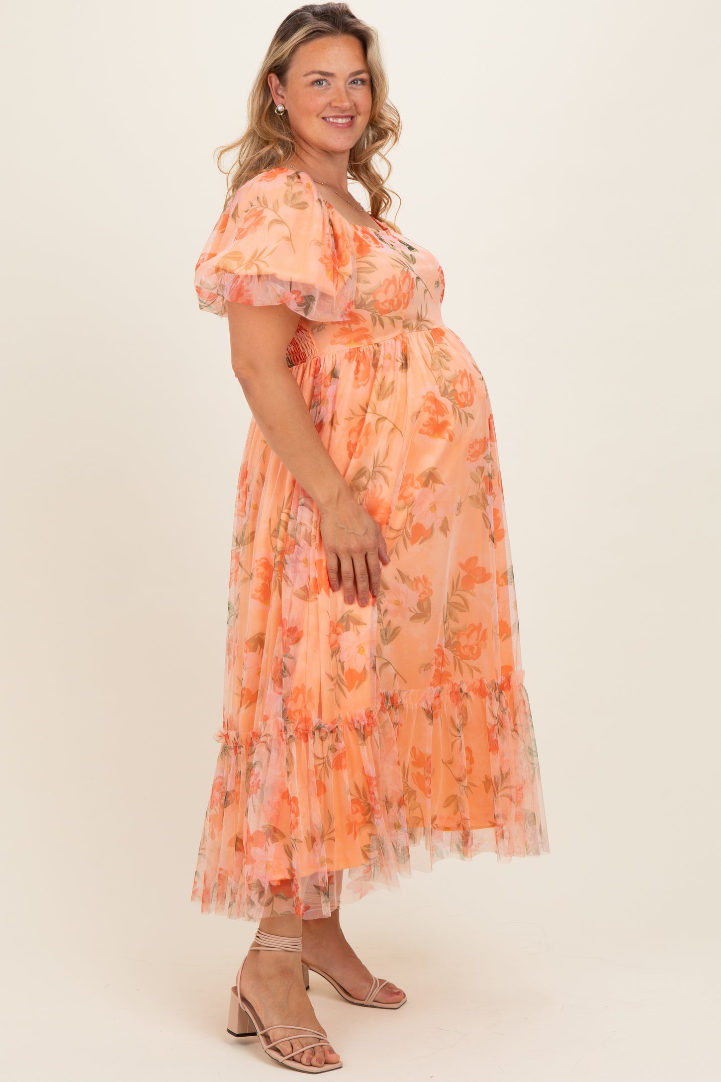 Coral Floral Puff Sleeve Maternity Plus Maxi Dress