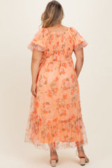 Coral Floral Puff Sleeve Maternity Plus Maxi Dress