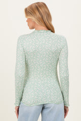 woman wearing a green floral long sleeve maternity top with a fitted style and rounded hem, showing the back view