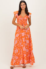 Orange Floral Smocked Cinched Top Maxi Dress
