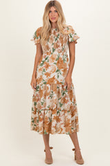 Mocha Floral Smocked Tiered Maternity Midi Dress