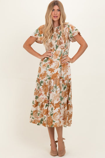 Mocha Floral Smocked Tiered Midi Dress