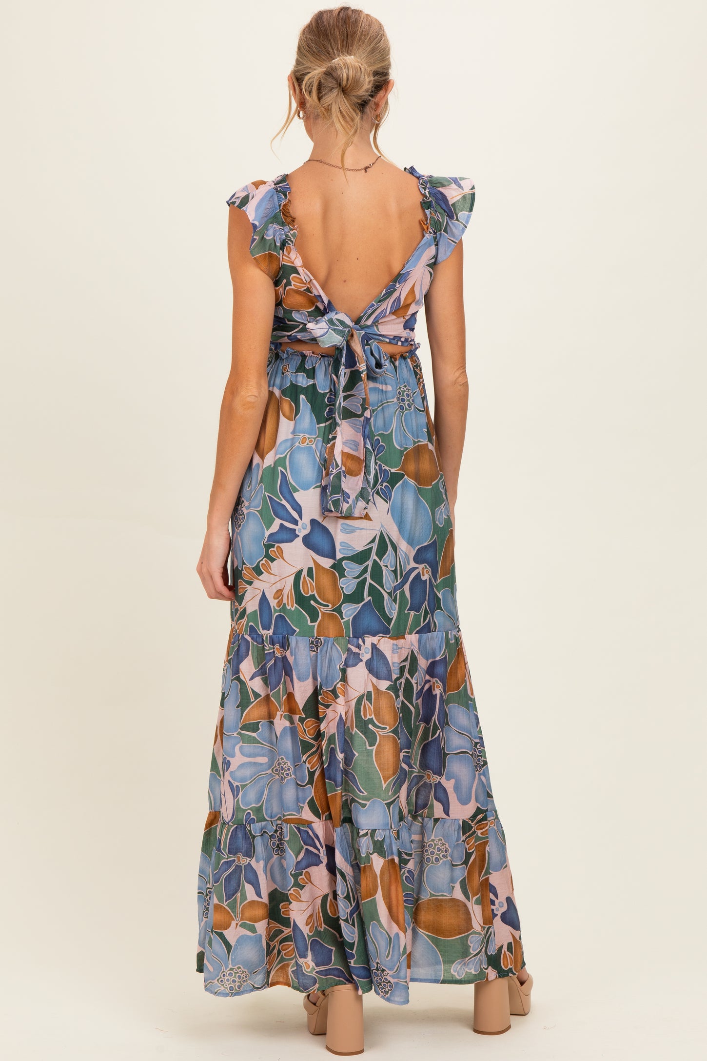 Blue Floral V-Neck Tiered Maternity Maxi Dress