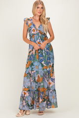 Blue Floral V-Neck Tiered Maternity Maxi Dress