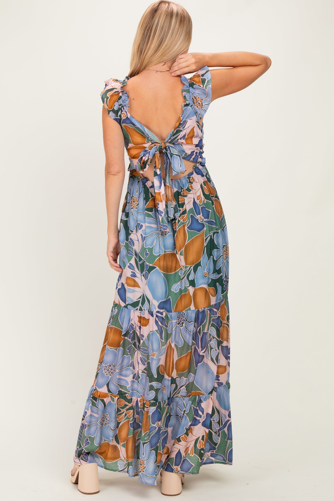 Blue Floral V-Neck Tiered Maxi Dress