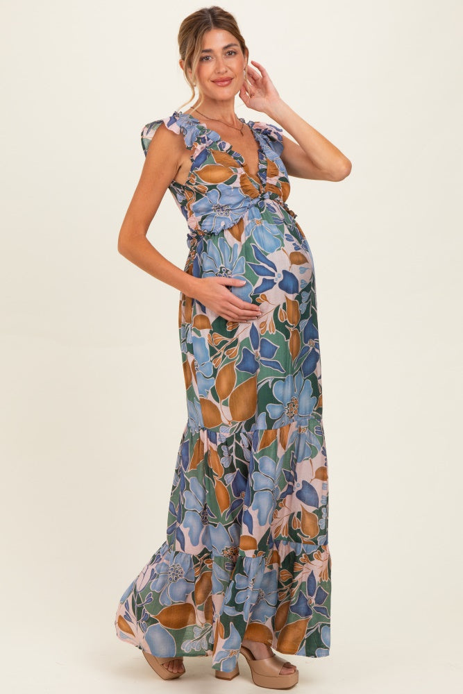 Blue Floral V-Neck Tiered Maternity Maxi Dress
