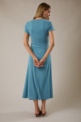 Blue Short Sleeve Ruched Midi Dress