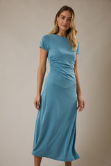 Blue Short Sleeve Ruched Midi Dress