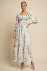 Ivory Floral Smocked 3/4 Sleeve Maternity Maxi Dress