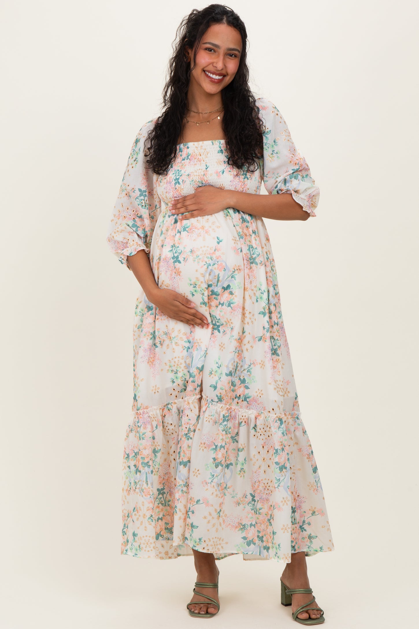 Ivory Floral Smocked 3/4 Sleeve Maternity Maxi Dress