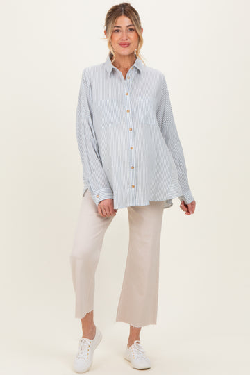Blue Oversized Striped Button-Up Maternity Shirt